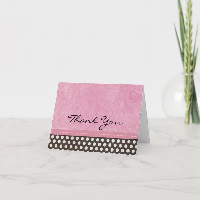 Stylish Pink Damask with Black and White Polka Dot Thank You Card (Front)