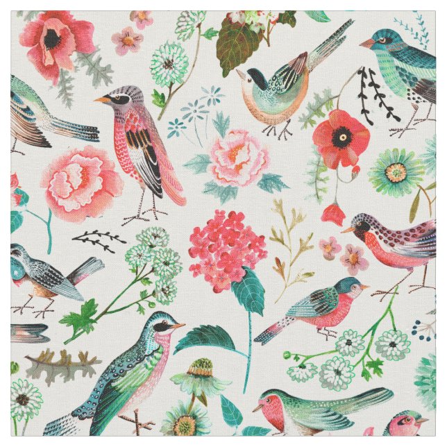 Stylish Pink en Green pattern Flowers Bird Pattern Fabric (Close Up)