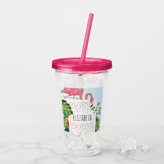 Stylish Pink Flamingo and Tropical Leaves Acrylic Tumbler (Back Ice)