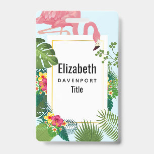 Stylish Pink Flamingo and Tropical Leaves Badge