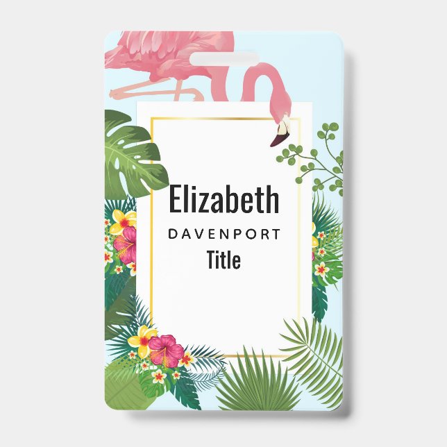 Stylish Pink Flamingo and Tropical Leaves Badge (Front)