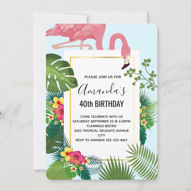 Stylish Pink Flamingo and Tropical Leaves Birthday Invitation (Front)