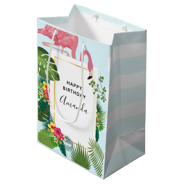 Stylish Pink Flamingo and Tropical Leaves Birthday Medium Gift Bag (Front Angled)