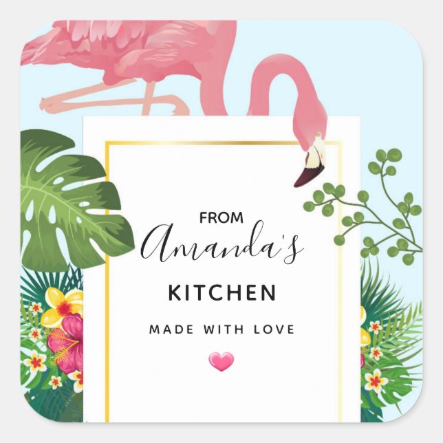 Stylish Pink Flamingo and Tropical Leaves Kitchen Square Sticker (Front)