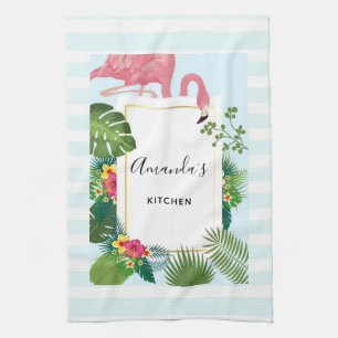 Stylish Pink Flamingo and Tropical Leaves Kitchen  Towel