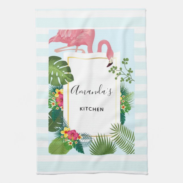 Stylish Pink Flamingo and Tropical Leaves Kitchen  Towel (Vertical)