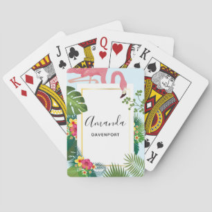 Stylish Pink Flamingo and Tropical Leaves Playing Cards