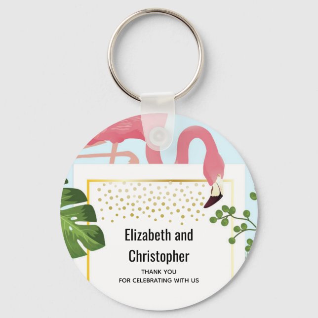 Stylish Pink Flamingo and Tropical Leaves Wedding Keychain (Front)