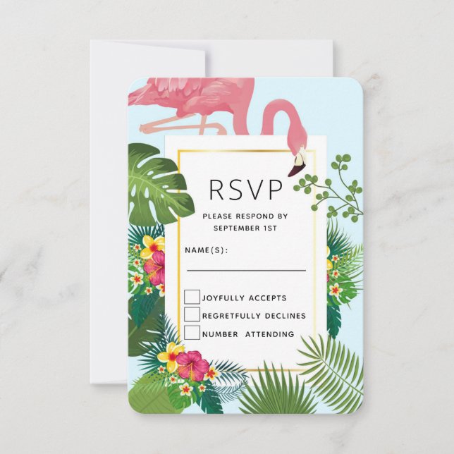 Stylish Pink Flamingo and Tropical Leaves Wedding RSVP Card (Front)