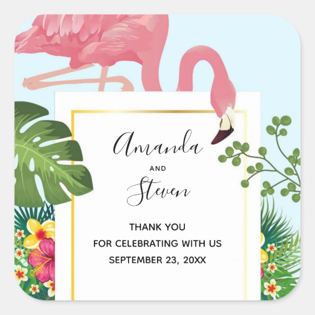 Stylish Pink Flamingo and Tropical Leaves Wedding Square Sticker (Front)