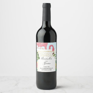 Stylish Pink Flamingo and Tropical Leaves Wedding Wine Label