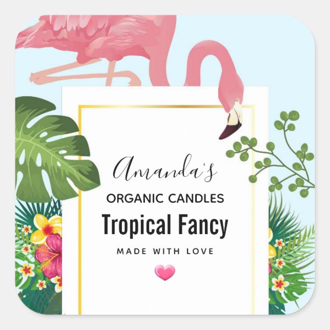 Stylish Pink Flamingo and Tropical Square Sticker (Front)