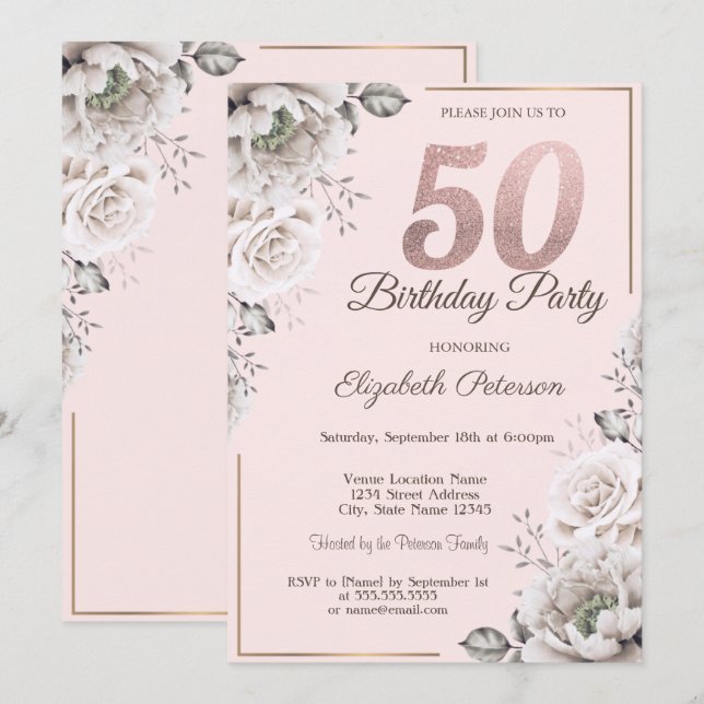 Stylish Pink Floral 50th Birthday Party Invitation (Front/Back)