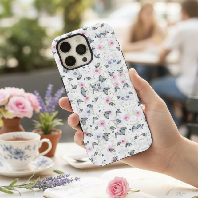 Stylish Pink Floral & Blue Butterfly Retro Pattern iPhone Case (Creator Uploaded)