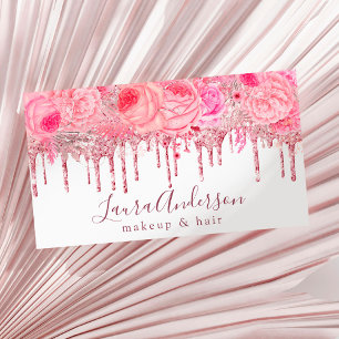 Stylish pink floral glitter drips makeup & hair  business card