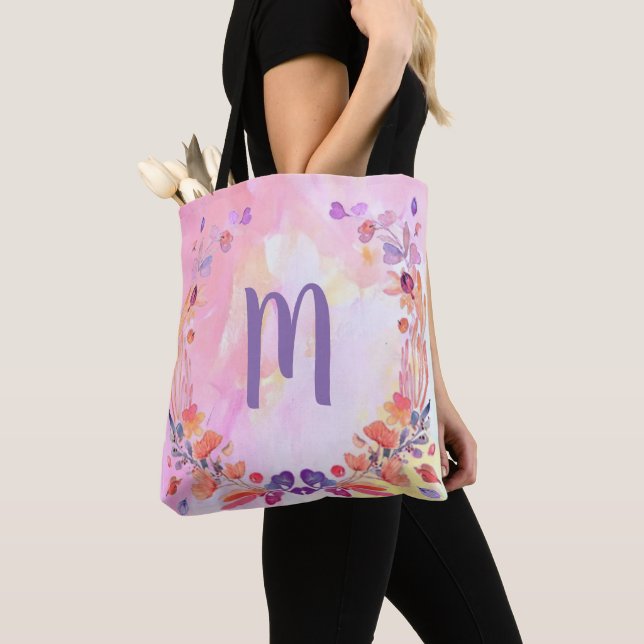 Stylish Pink Floral Monogram Design Tote Bag (Close Up)