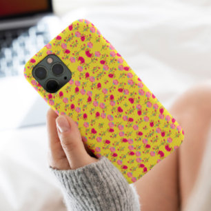Stylish pink floral print on yellow iPhone 11 case