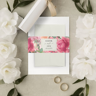 Stylish Pink Floral Rose Garden Gold Frame Wedding Invitation Belly Band