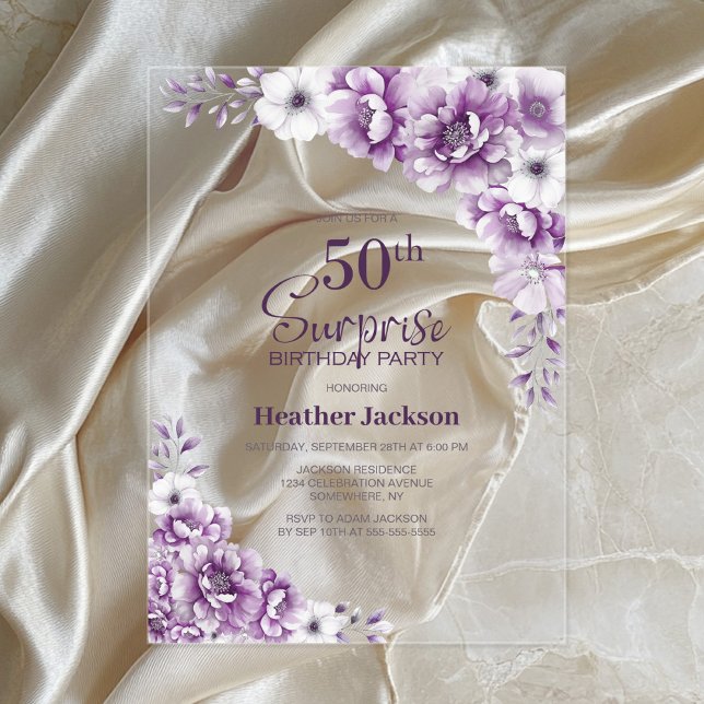 Stylish Pink Floral Surprise 50th Birthday Party Acrylic Invitations (Creator Uploaded)