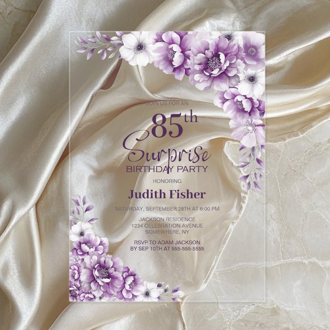 Stylish Pink Floral Surprise 85th Birthday Party Acrylic Invitations (Creator Uploaded)