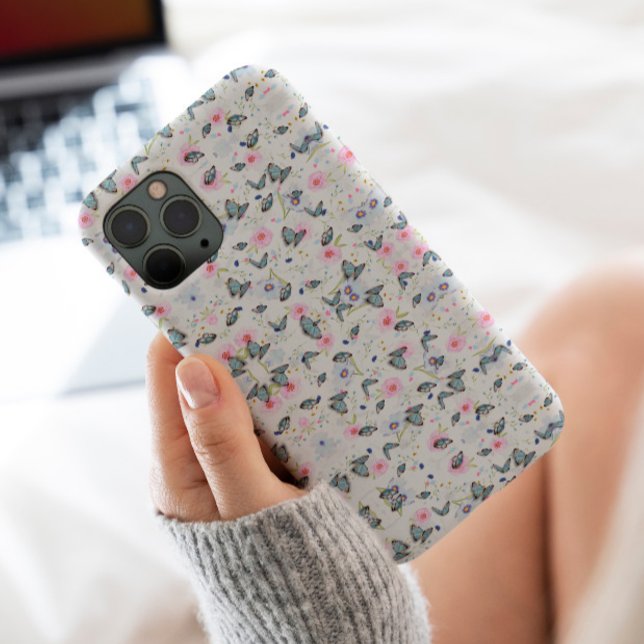 Stylish pink flower Blue Butterfly Elegant pattern iPhone Case (Creator Uploaded)