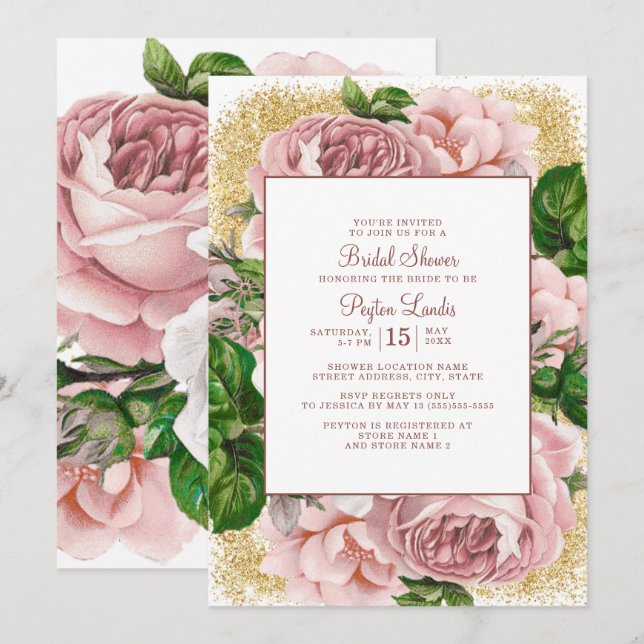 Stylish Pink Flowers Gold Glitter Bridal Shower Invitation (Front/Back)