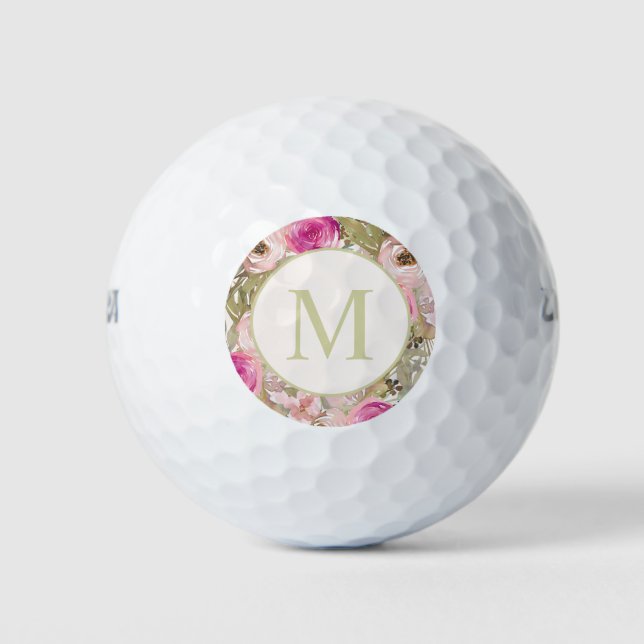 Stylish Pink Flowers Green Leaves Monogram Women Golf Balls (Front)