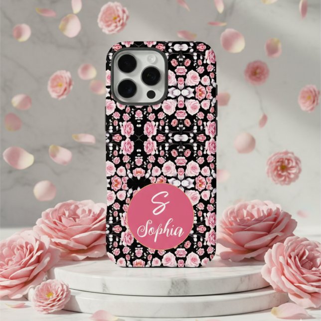 Stylish pink Flowers on black pattern Custom names Case-Mate iPhone Case (Creator Uploaded)