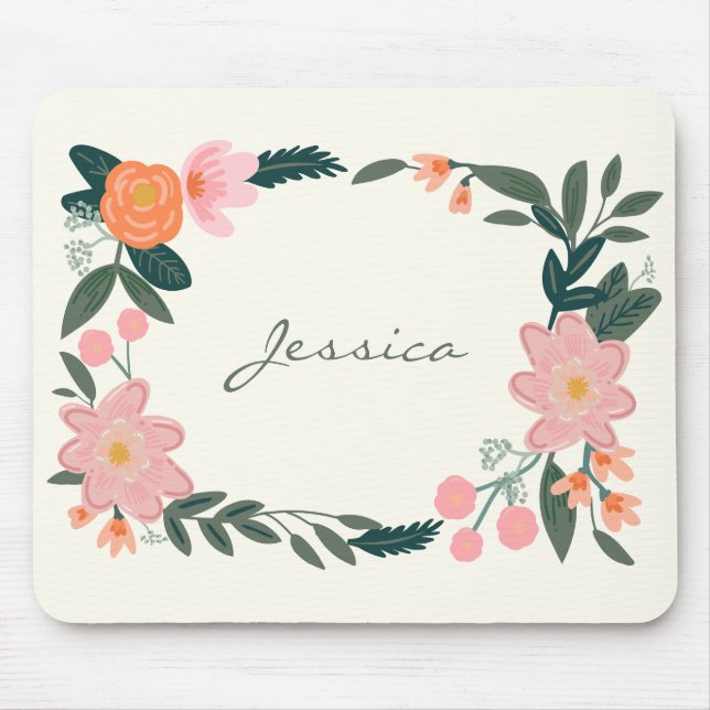Stylish Pink Garden Floral Personalized Mouse Pad (Front)