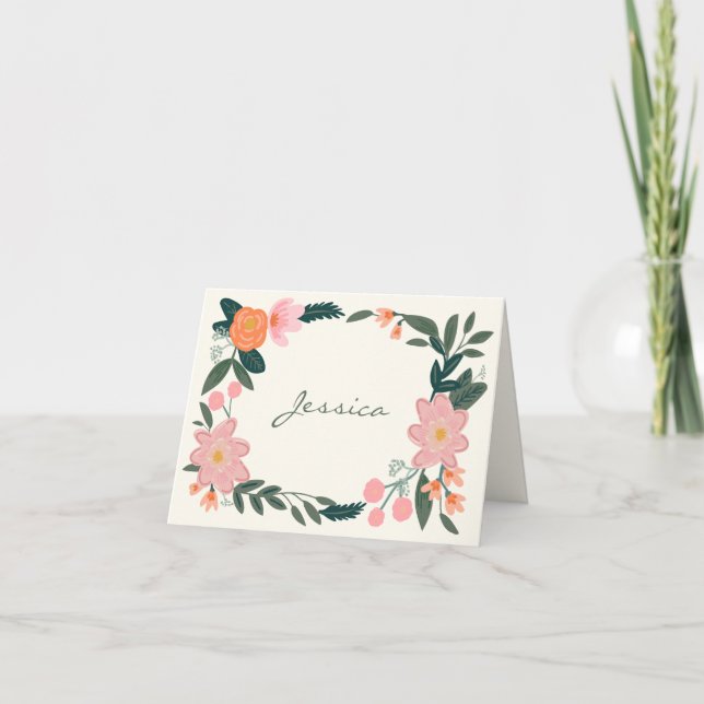 Stylish Pink Garden Floral Personalized  Note Card (Front)