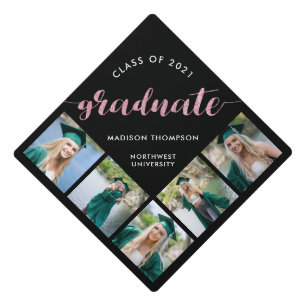 Stylish Pink Glitter Calligraphy Custom Photo Graduation Cap Topper