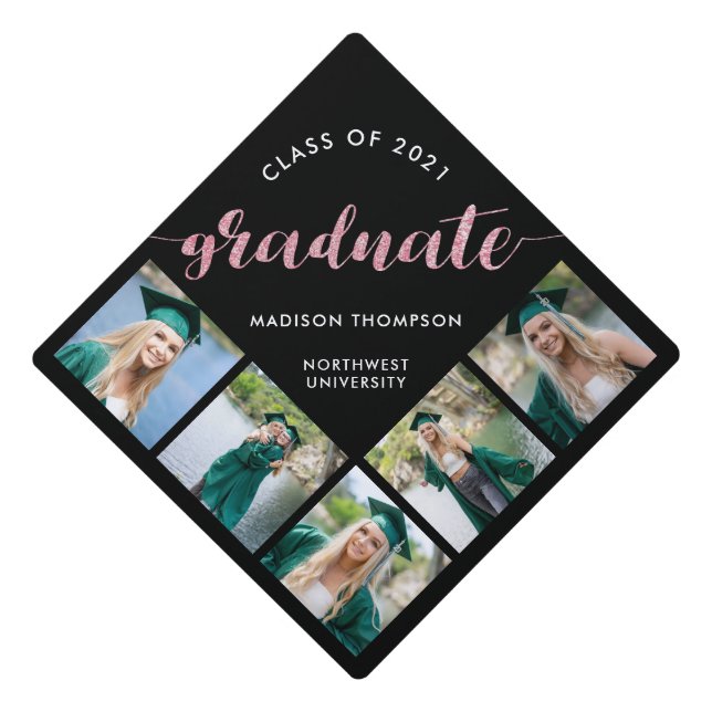 Stylish Pink Glitter Calligraphy Custom Photo Graduation Cap Topper (Front)