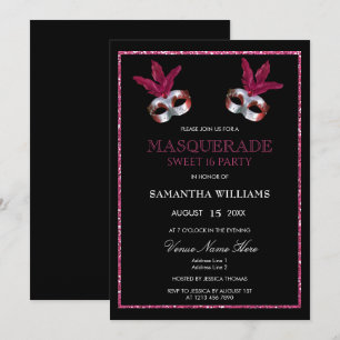 Stylish Pink Glitter Masquerade Sweet 16 Invitation