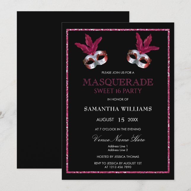 Stylish Pink Glitter Masquerade Sweet 16 Invitation (Front/Back)