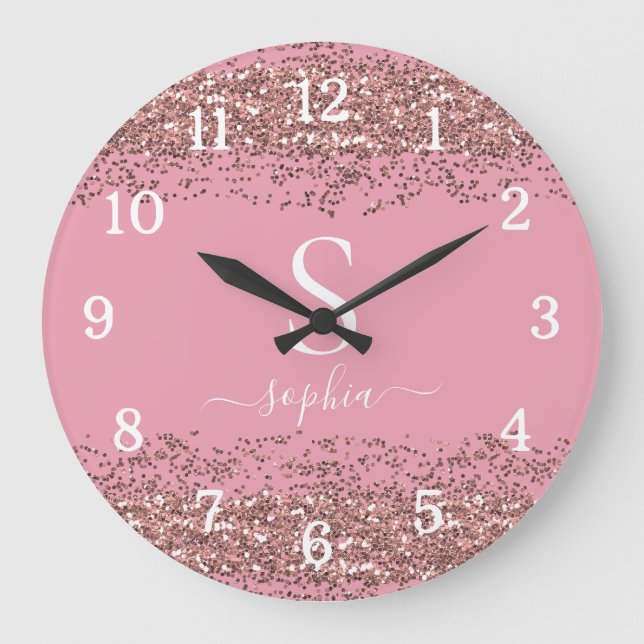 Stylish Pink Glitter Monogram Script Name Large Clock (Front)