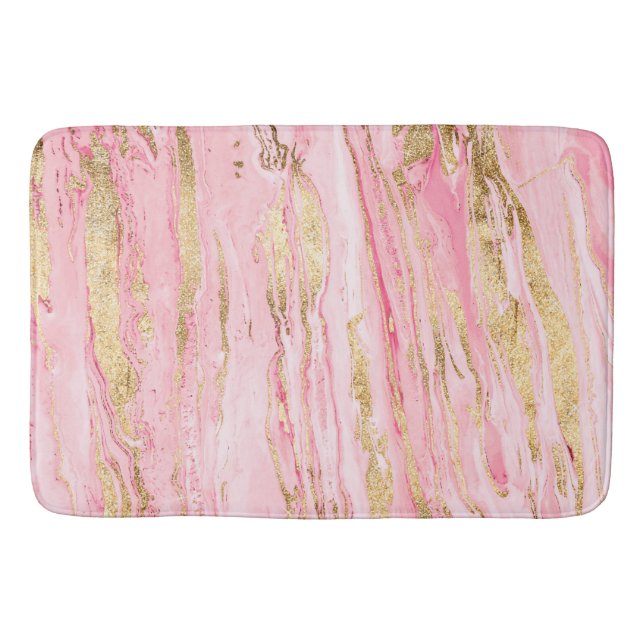 Stylish Pink Gold Abstract Marble Liquid Paint Bath Mat (Front)