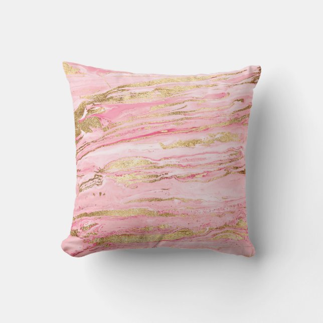 Stylish Pink Gold Abstract Marble Liquid Paint Throw Pillow (Front)