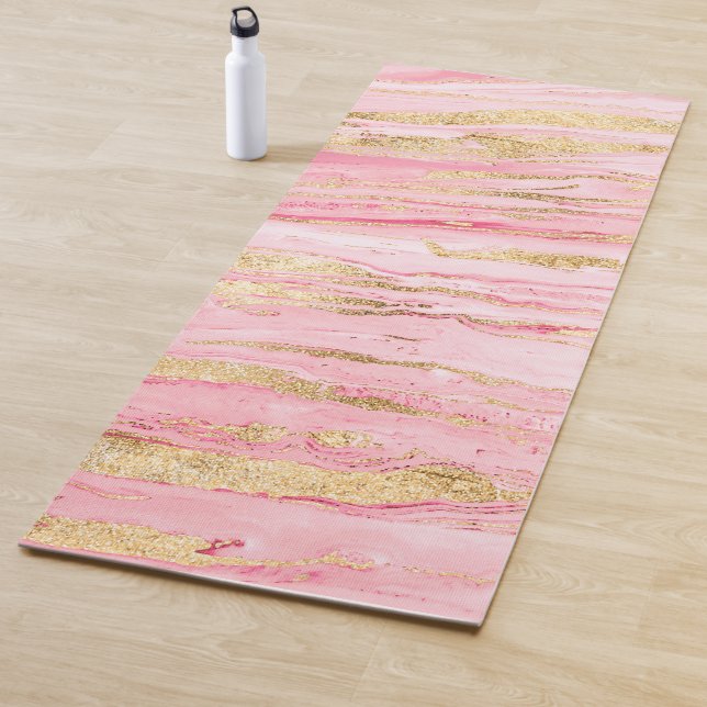 Stylish Pink Gold Abstract Marble Liquid Paint Yoga Mat (In Situ)