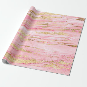 Stylish Pink & Gold Abstract Marbleized Paint Wrapping Paper
