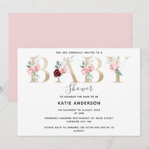 Stylish Pink Gold Floral Baby Girl Shower  Invitation