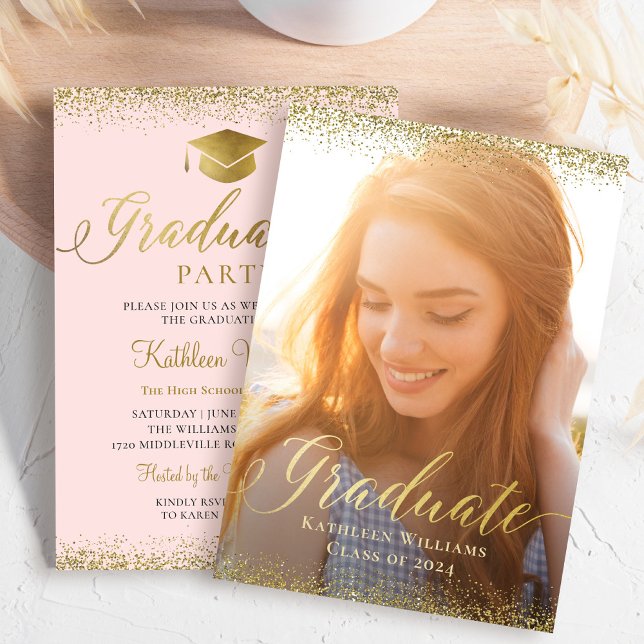 Stylish Pink Gold Glitter Photo Graduation Party Invitation (Creator Uploaded)