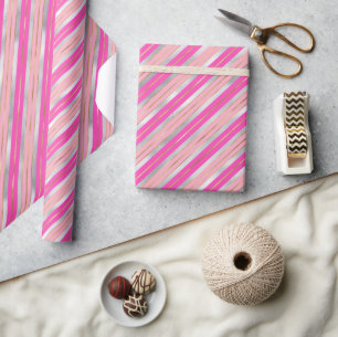Stylish Pink, Gold & Silver Foil Christmas Stripes Wrapping Paper