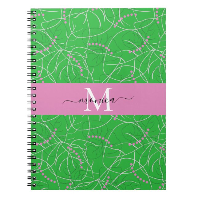 Stylish Pink Green Botanical Tropical Monogram Notebook (Front)