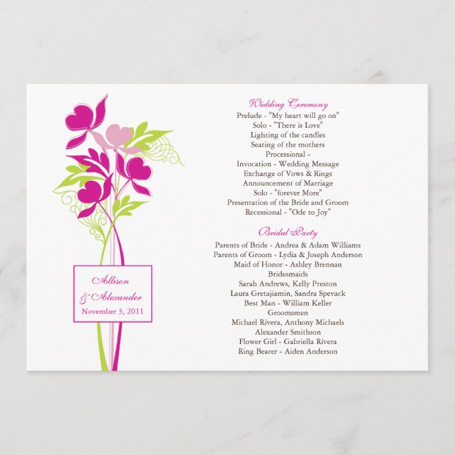 Stylish Pink & Green Bouquet  Wedding Program (Front)