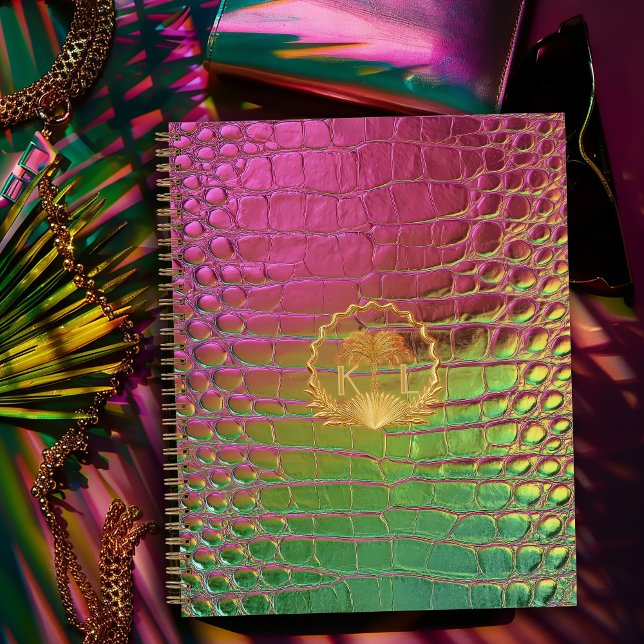 Stylish Pink Green Iridescent Croc Monogram  Notebook (Chic Luxe Monogrammed Pink and Green Iridescent Notebook, Glossy Paper Cover/shown or Matte finish)