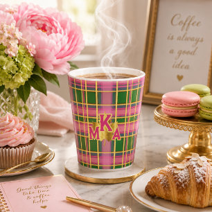 Stylish Pink & Green Plaid Monogrammed Latte Mug