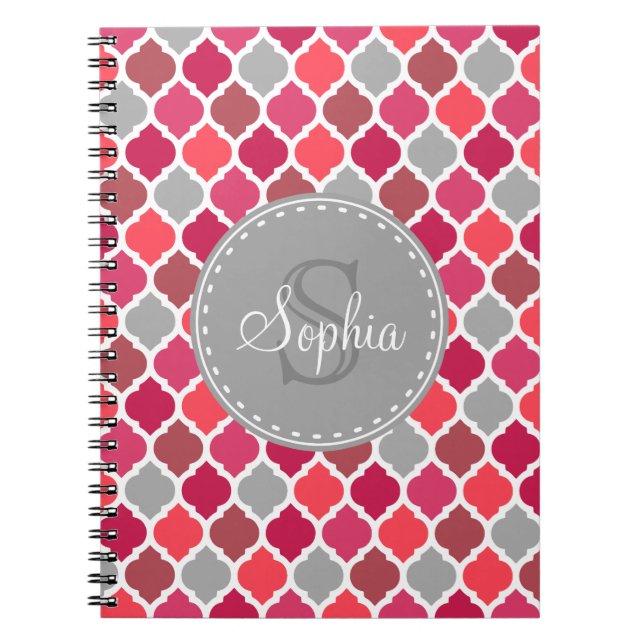 Stylish Pink Grey Moroccan Pattern Monogram Notebook (Front)