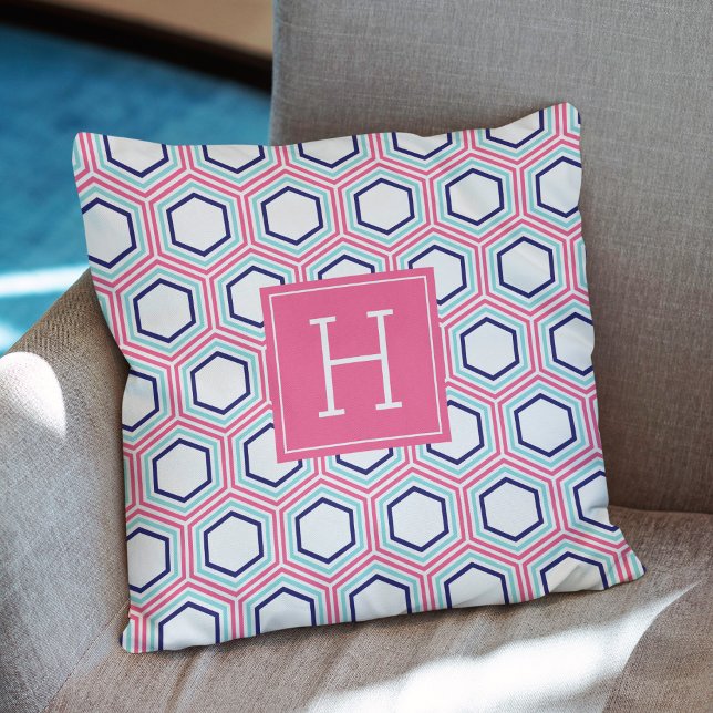 Stylish Pink Honeycomb Pattern Monogram Throw Pillow (Creator Uploaded)