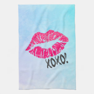 Stylish Pink Kissy Lips with xoxo! Blue Watercolor Kitchen Towel