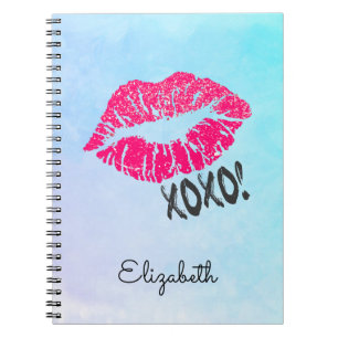 Stylish Pink Kissy Lips with xoxo! Blue Watercolor Notebook